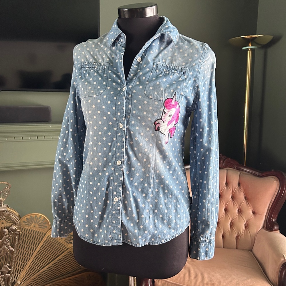 Paul Frank Blue Polka Dot Button Down Shirt Embroidered Chambray Shirt